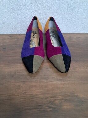 Vintage 80's Margo's Suede Heels Vibrant Colorful Patchwork Colorblock Retro